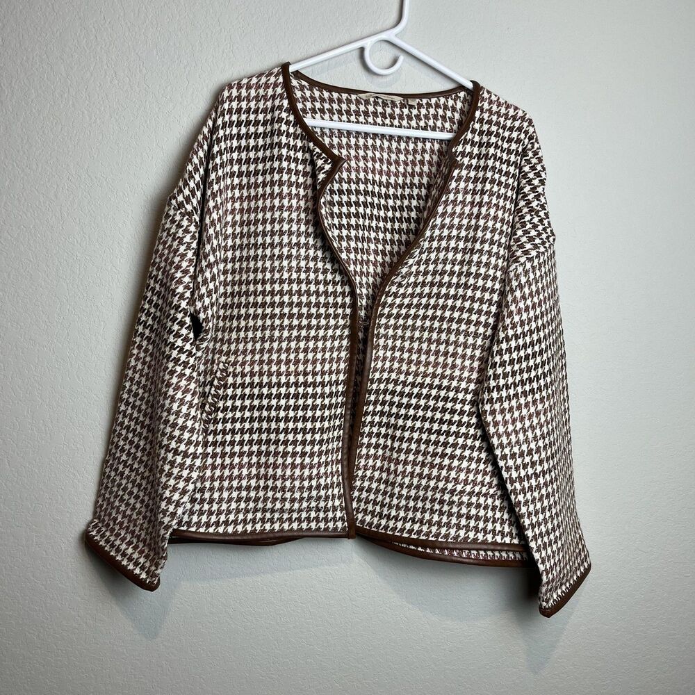 Soft Surroundings Jacket Womens XL Brown Tweed Check Collarless Hook Eye Pockets